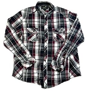 Mens Helix Pearl Snap Long Sleeve Shirt Plaid Black Maroon Size XL Rockabilly